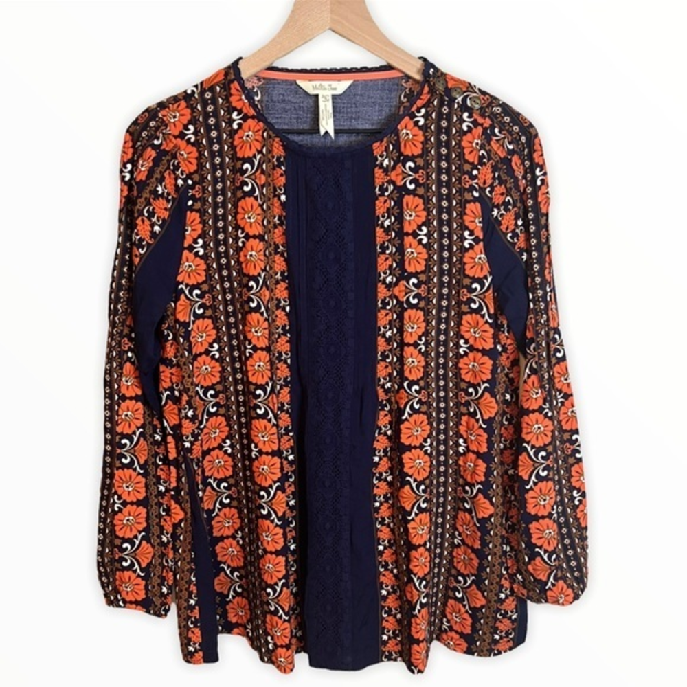 Matilda Jane Blue Orange Floral Boho Lace Long Sleeve Blouse Womens Size Small